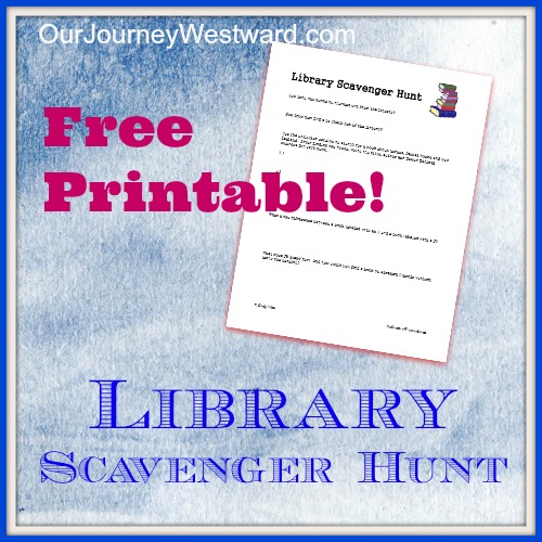 Library scavenger hunt free printable advertisement.