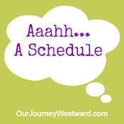 A white thought cloud with the words "Aaah... A Schedule" inside
