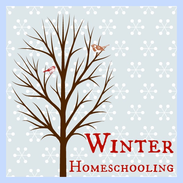 Winter homeschooling icon with blue snowflake background. Blown tree with birds in the branches in the foreground.