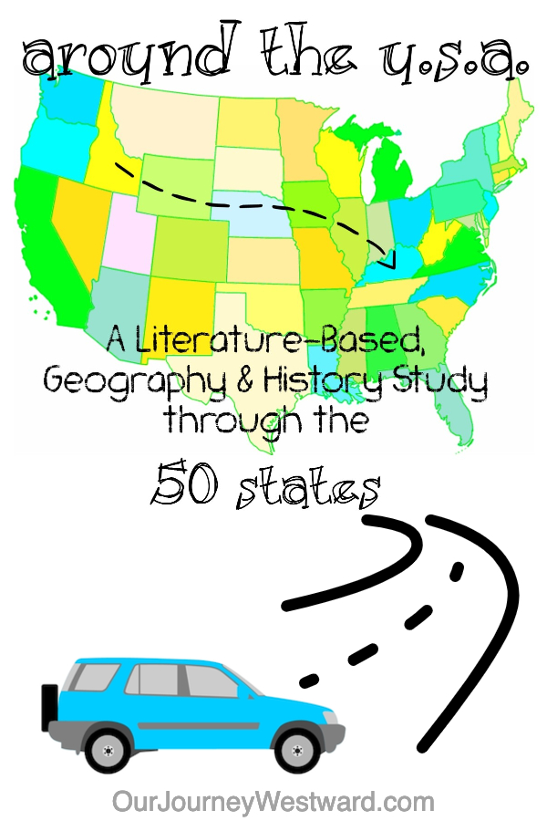 Colorful map of the United States with a animated blue car and the outline of a roadway below the map. The image is being used for a blog post about a literature-based study through the 50 states.