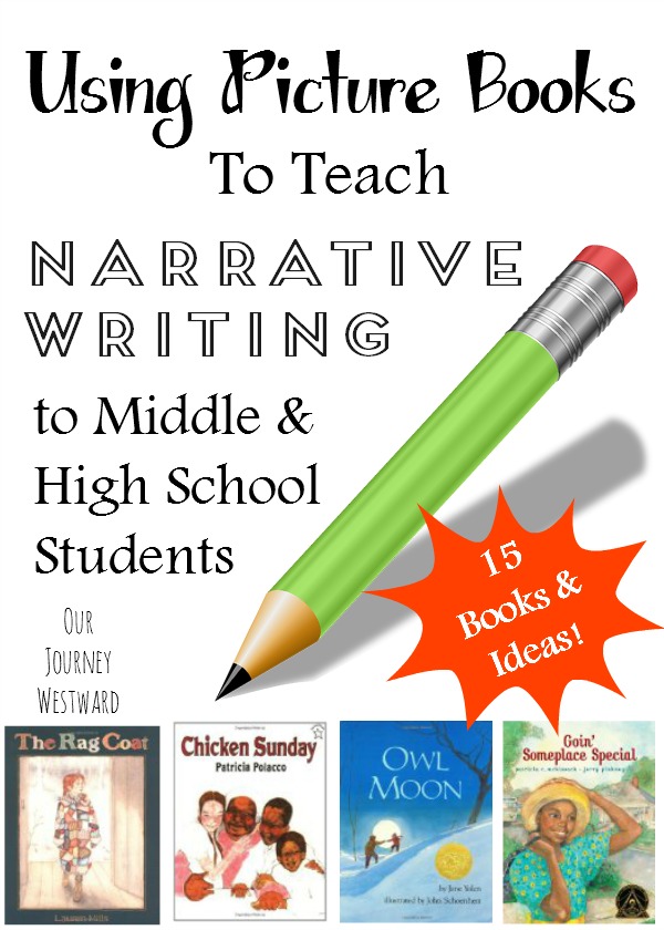 Blog image about using picture books to teach narrative writing. Green pencil image with images of little picture books.