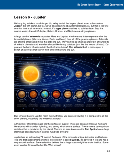 Space Observations No Sweat Nature Study curriculum. Photo of the planet and orbits of the solar system in the middle of the page.
