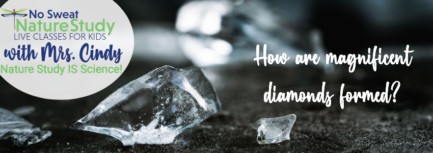 Crystal sitting on black sand with text as an advertisement for a video class about diamonds