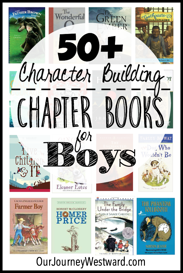 Images of picture books in the background of a blog image about character building chapter books for boys.