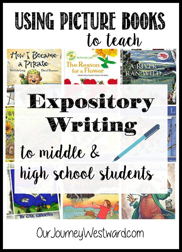 Background of screenshots of picture books on an image about expository writing using picture books.