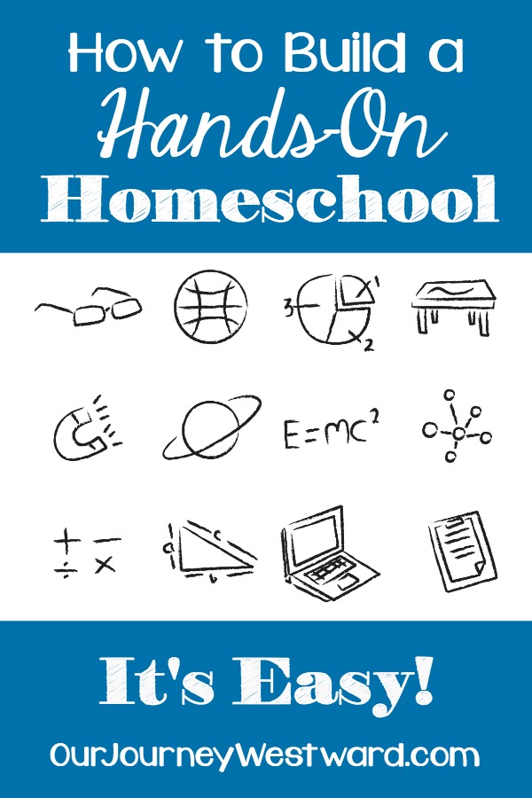 How to Build a Hands-On Homeschool image with black and white icons of basketball, glasses, magnets, math problems, etc.